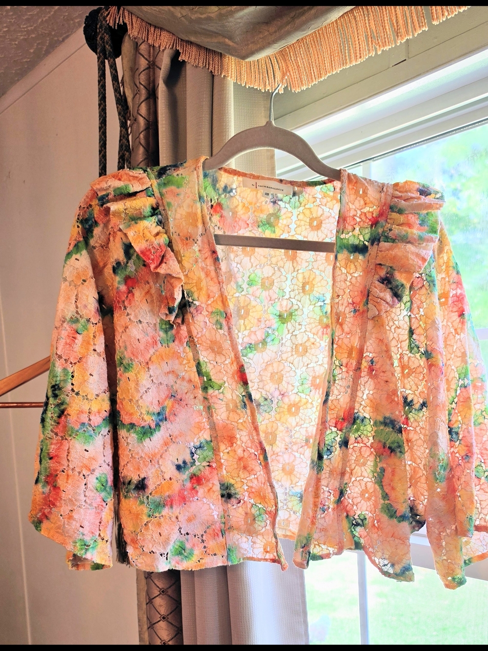 Anthropologie Peach Green Floral Lace Open-Front Tunic